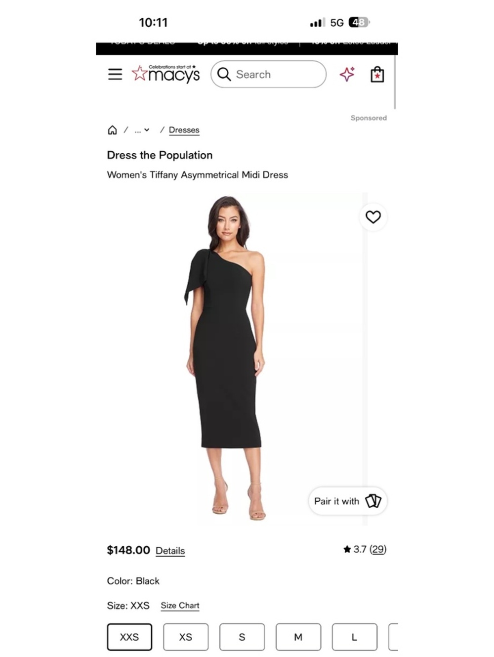 Dress the Population Tiffany One Shoulder Black Dress XS Asymmetrical Bodycon